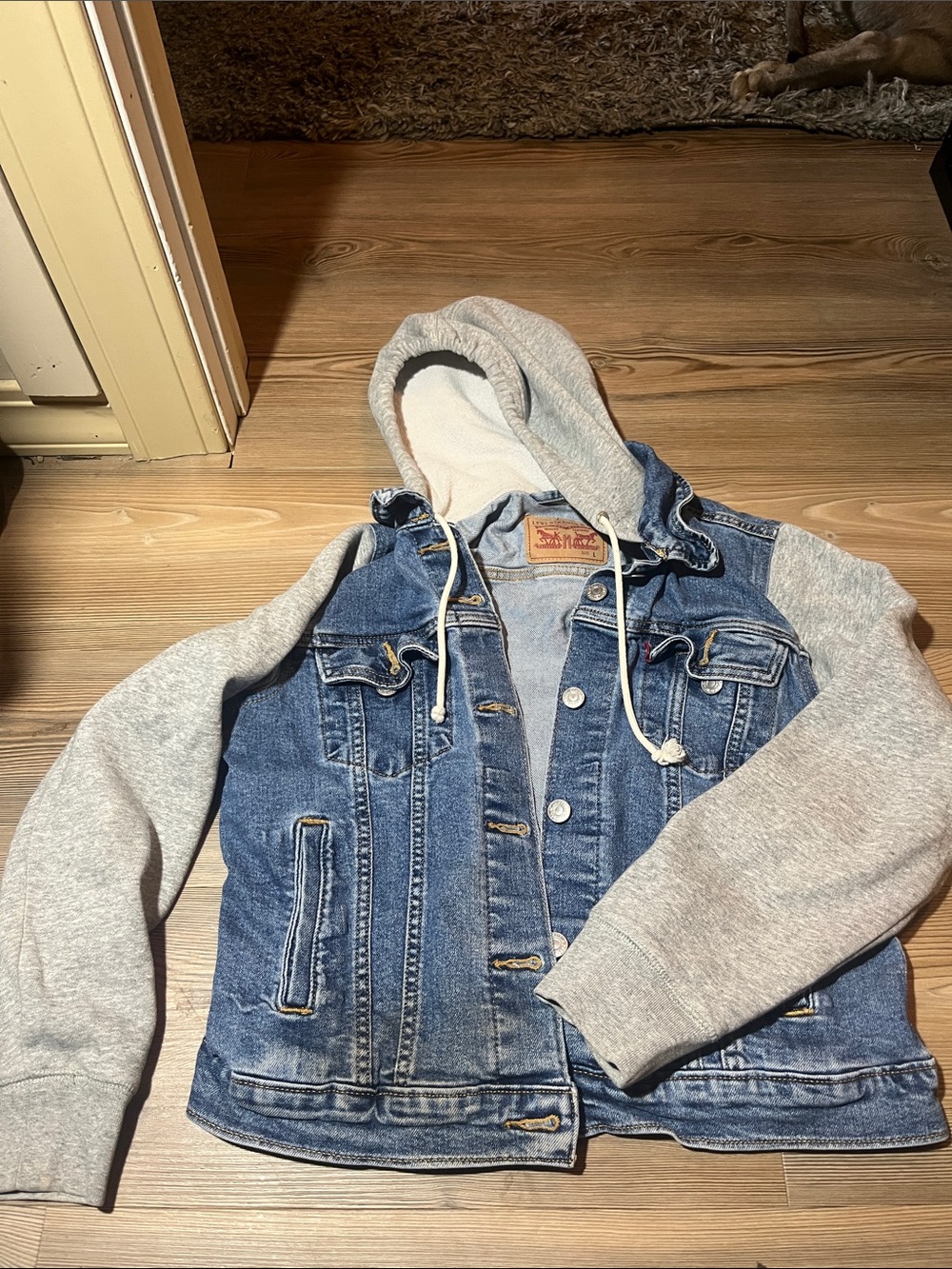 Levi's Blue Denim Jacket with Gray Hoodie Sleeves
